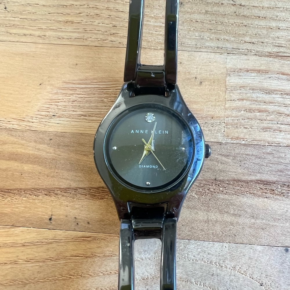 Anne Klein diamond ladies dark gray bangle bracelet dress watch NEW BATTERY
